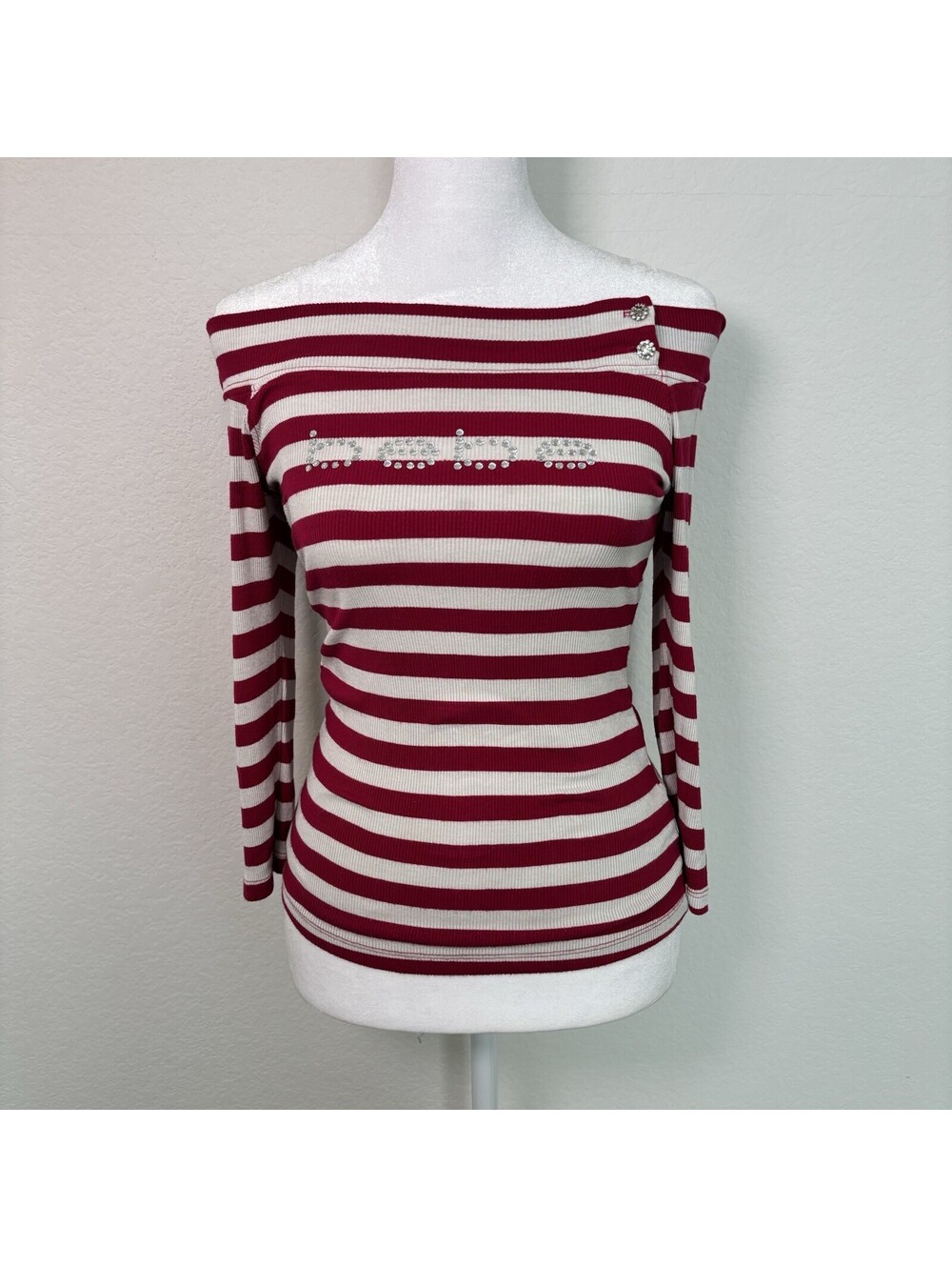 VTG Y2K bebe Off The Shoulder Striped Ribbed Top 3/4 Sleeve Hot Pink Sz S 2000s